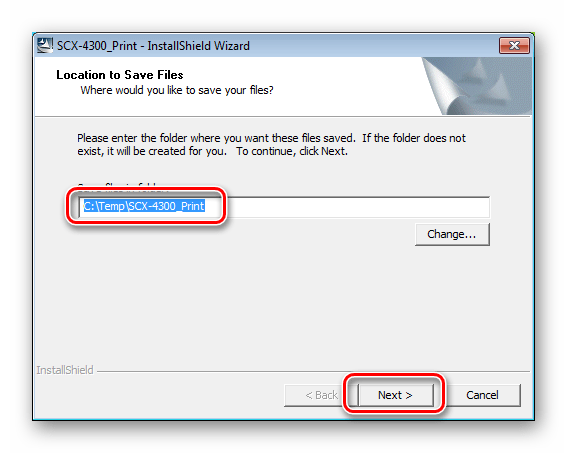 Выбор места для распаковки файлов драйвера печати для МФУ Samsung SCX 4300