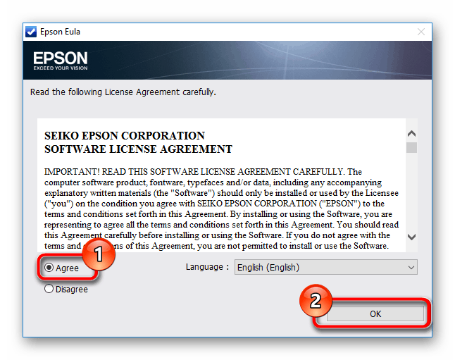 Принятие Лицензионного соглашения перед установкой драйвера для принтера Epson L100