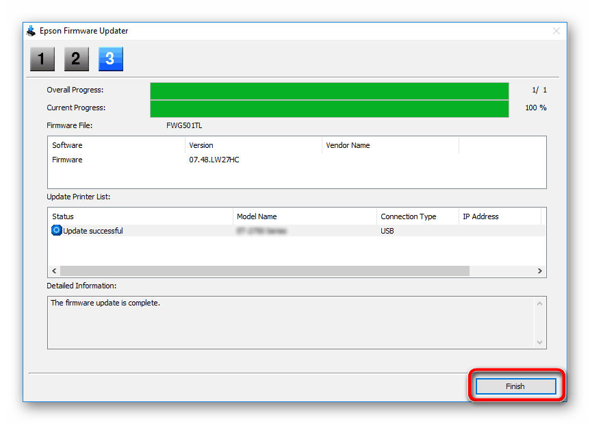 Завершение установки прошивки фотопринтера Epson Stylus Photo T50
