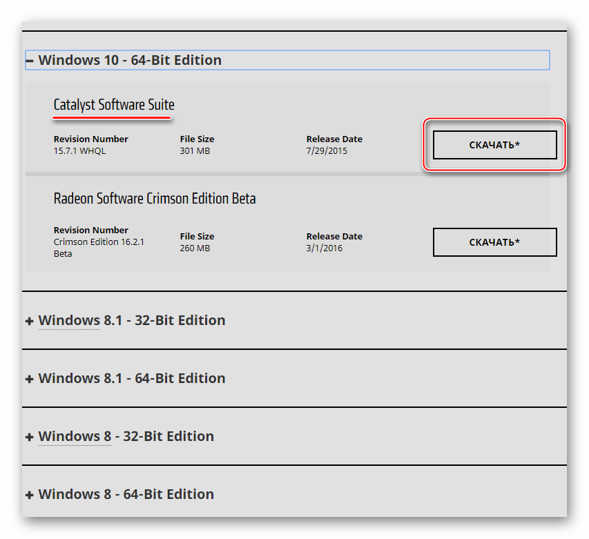 Скачивание AMD Catalyst Software Suite с официального сайта