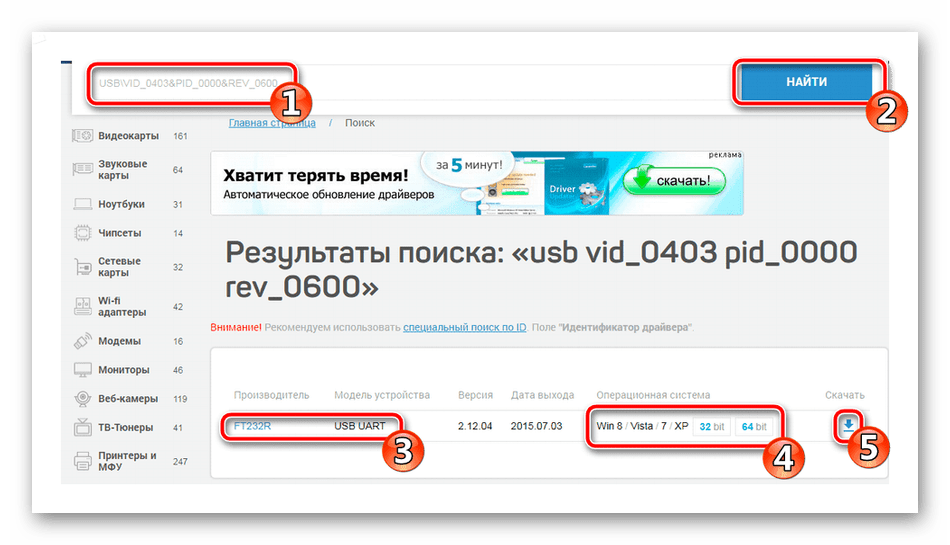 Поиск драйвера по ID для FT232R USB UART