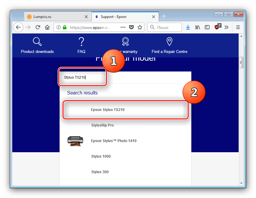 Найти страницу устройства для загрузки драйверов к Epson Stylus TX210