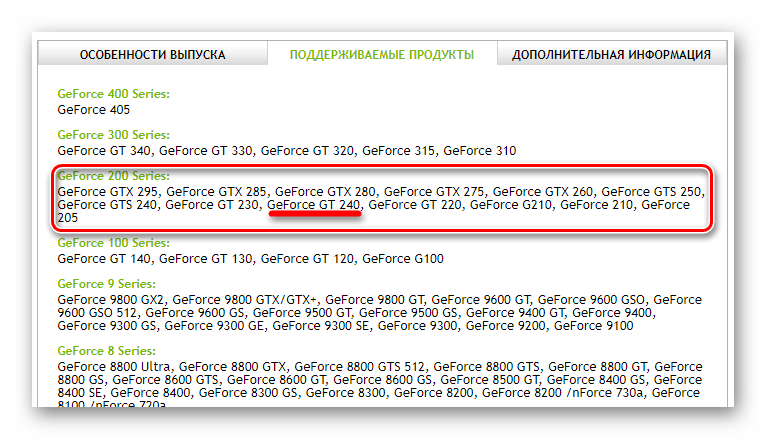 Список поддерживаемых продуктов GeForce GT 240