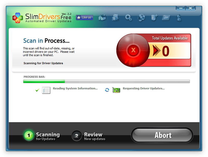 процесс сканирования системы программой slimdrivers