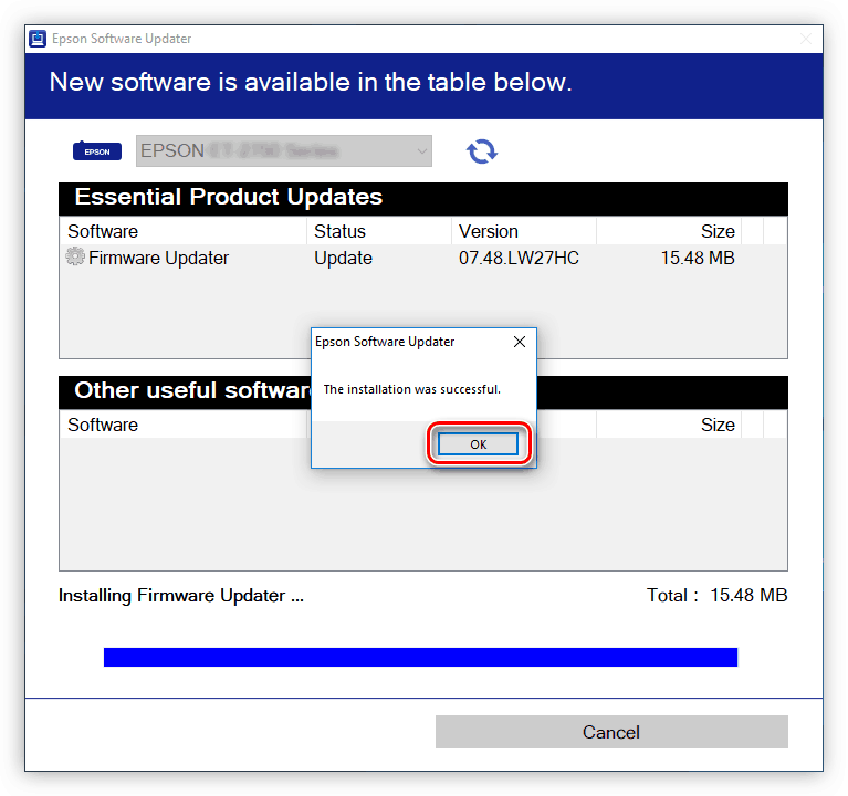 последний этап установки прошивки для принтера epson l800 в программе epson software updater