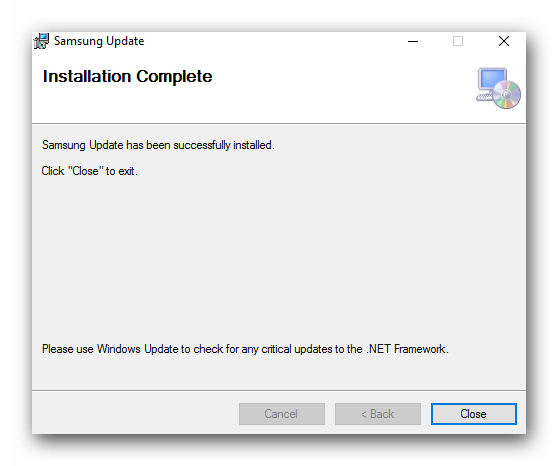 Окончание установки Samsung Update