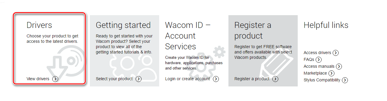 Подраздел Drivers на сайте Wacom
