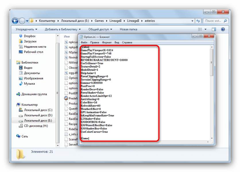Файл Option.ini, открытый в Блокноте