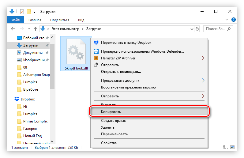 копирование файла динамической библиотеки scripthook.dll