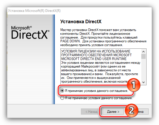 принятие лицензионного соглашения на первом этапе установки directx