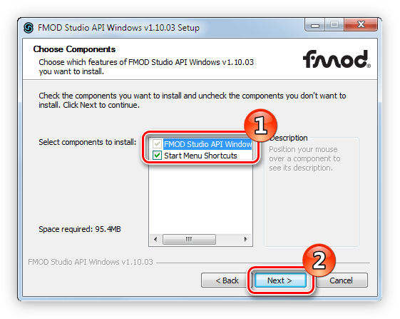 выбор устанавливаемых компонентов в инсталляторе пакета fmod studio api