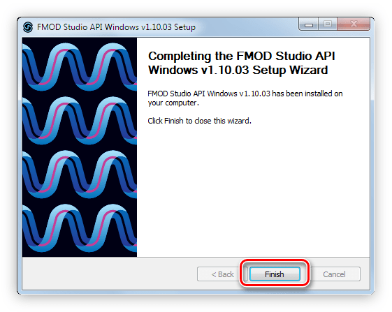 последнее окно инсталлятора пакета fmod studio api