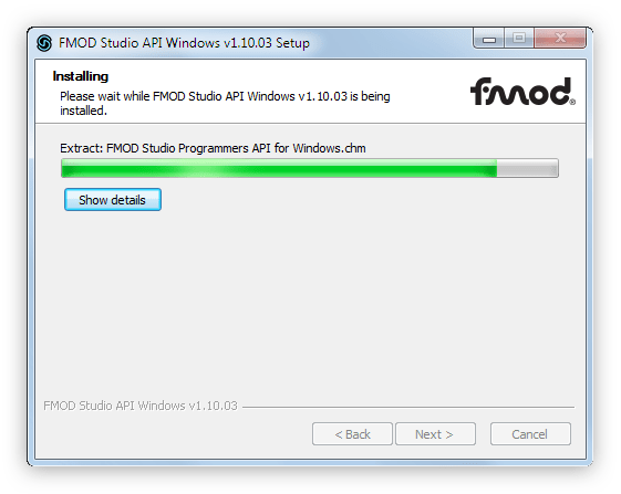 процесс инсталляции пакета fmod studio api