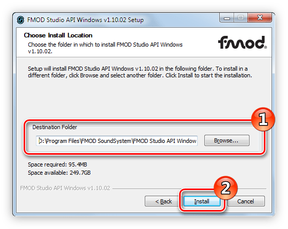 указание пути к папке в которую будет установлен пакет fmod studio api