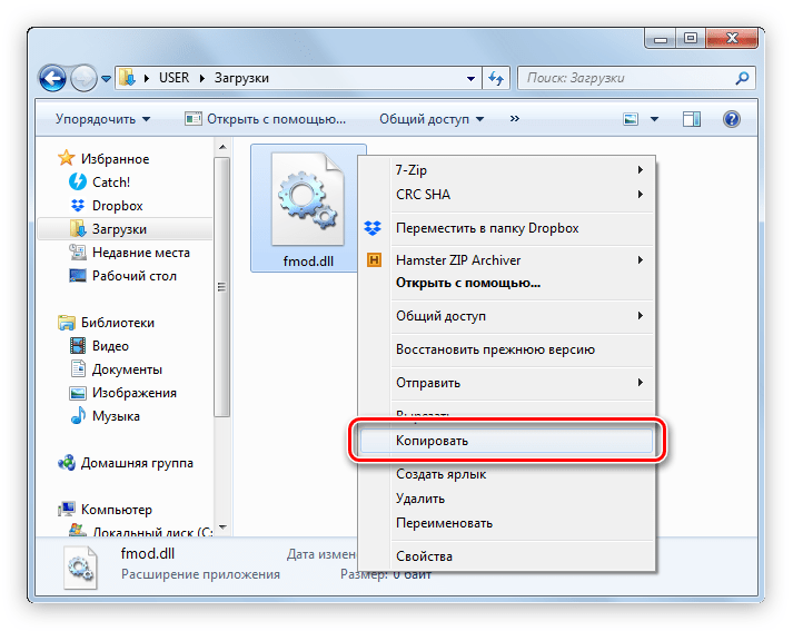 копирование библиотеки fmod.dll через контекстное меню