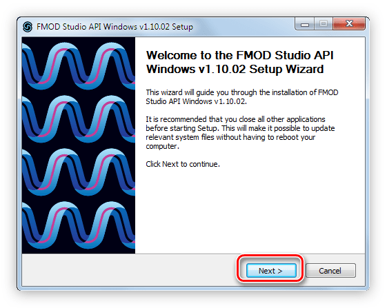 первое окно при установке пакета fmod studio api