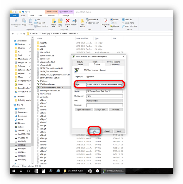 Написание команды в пути к ярлыку лончера GTA5 для решения проблемы с DLL