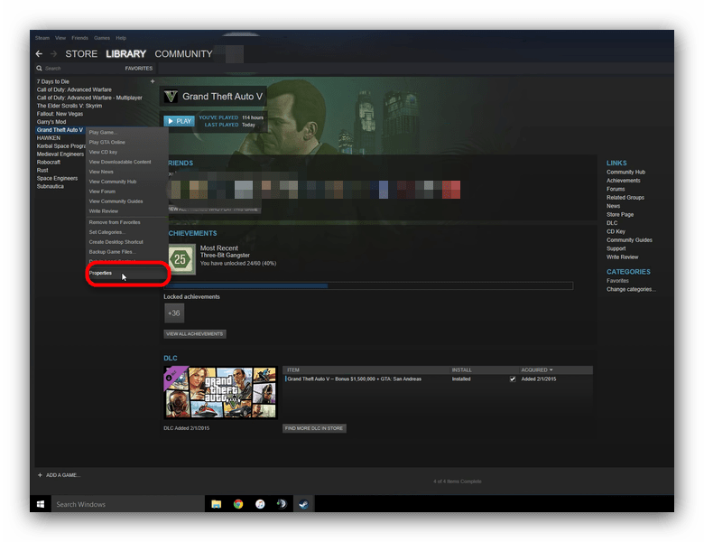 Открыть окно свойств GTA 5 в Steam