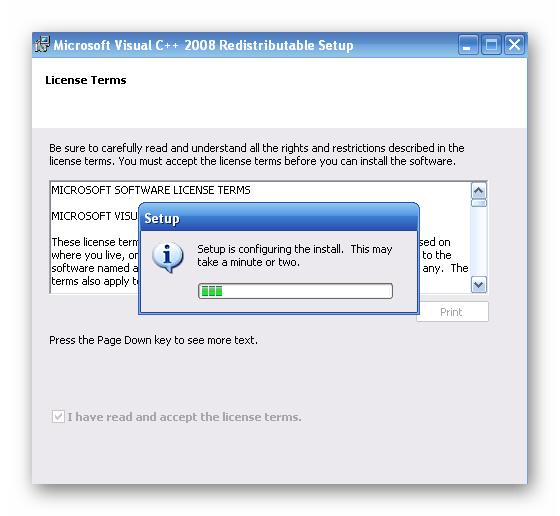 Ожидание завершения инсталляции Visual C++ при исправлении неполадки с bcrypt.dll в Windows XP