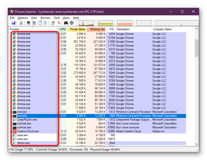 Нахождение запущенного процесса в списке программы Process Explorer