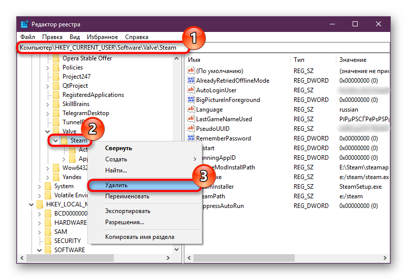 Удаление ключа реестра Steam