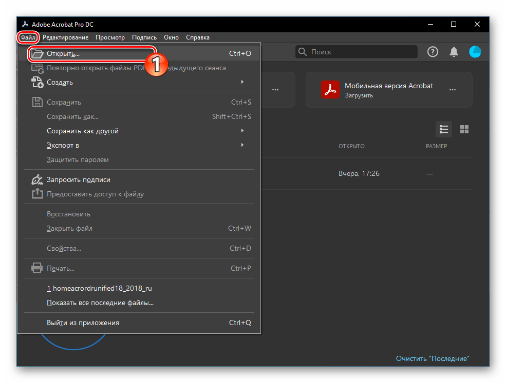 Adobe Acrobat Pro DC запуск программы, меню Файл