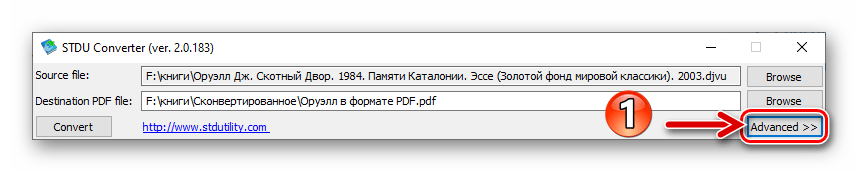 STDU Converter вызов панели для определения дополнительных опций конвертации djvu в PDF