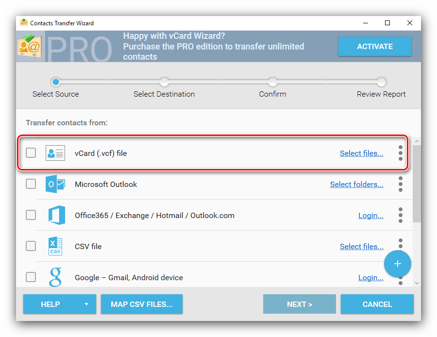 Выбрать источник данных в vCard Wizard для преобразования VCF в CSV