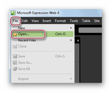 открытие файла в Microsoft Expression Web