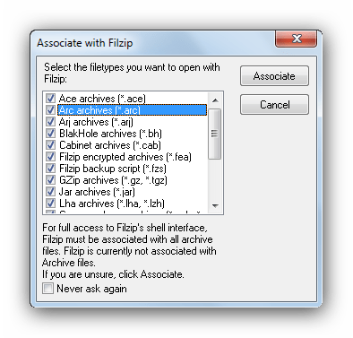 Ассоциация с файлами в FilZip