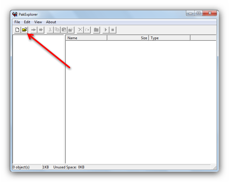 Кнопка Open на панели инструментов Pak Explorer