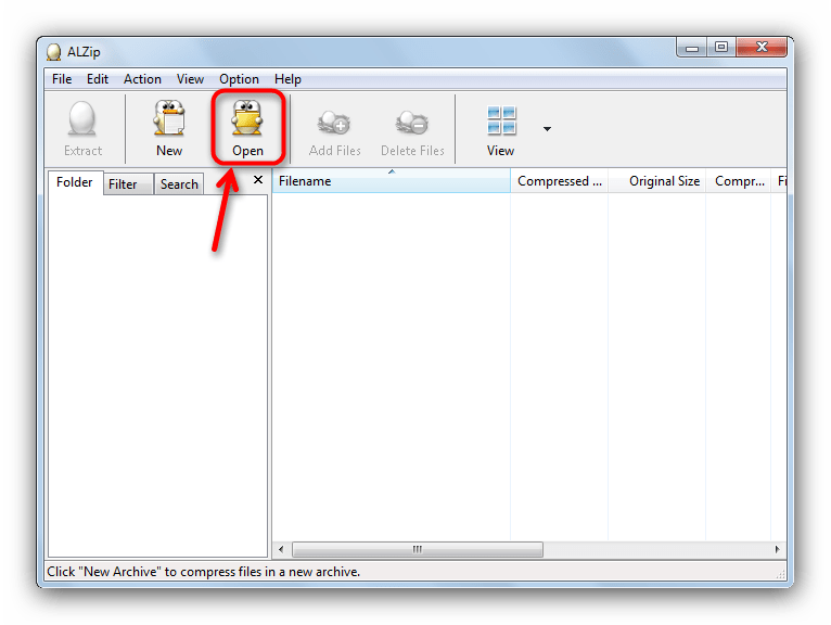 Кнопка Open в панели инструментов ALZip