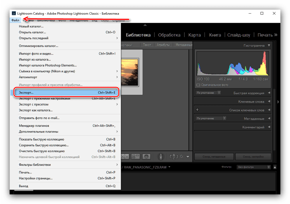 Экспортирование документа для конвертирования RAW в JPG через Adobe Lightroom