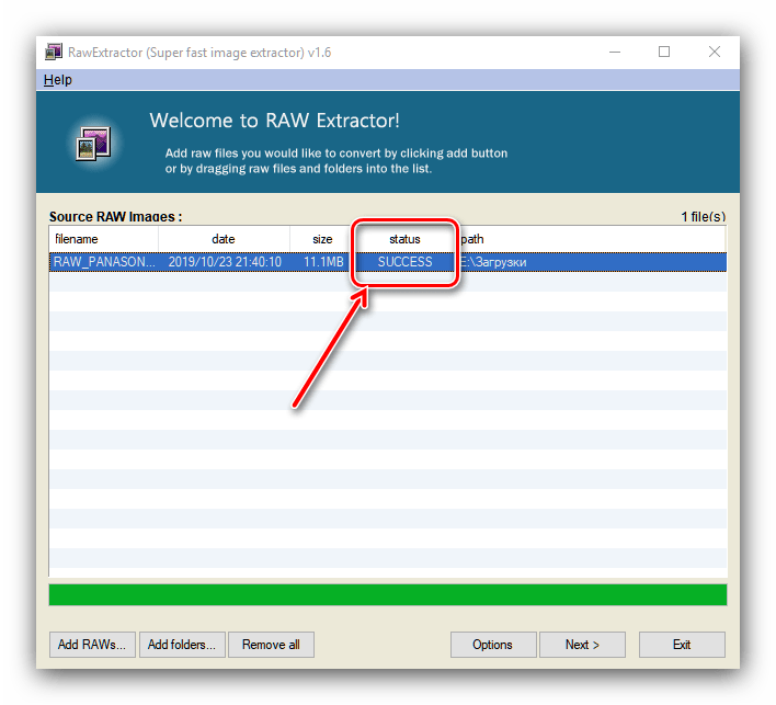 Удачное преобразование изображения в RAW Exctractor для конвертирования RAW в JPG
