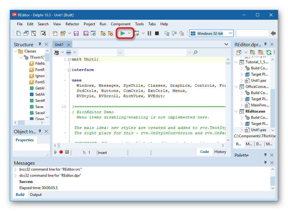 Запуск компиляции текстового редактора TRichView в среде разработки