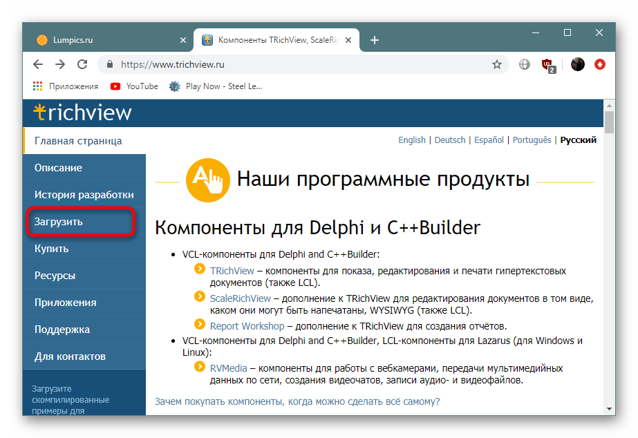 Переход к разделу с загрузкой программного обеспечения TRichView на официальном сайте