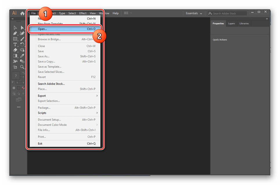 Использование пункта Open в Adobe Illustrator