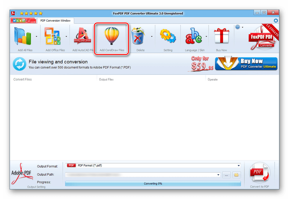 Переход к выбору файлов CorelDraw в FoxPDF Converter