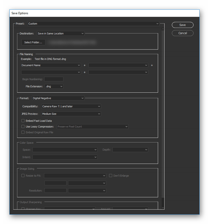 Возможность сохранения DNG файла в Adobe Photoshop