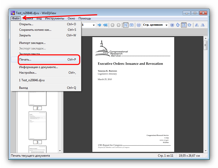 Выбрать печать DJVU-файла в WinDjView