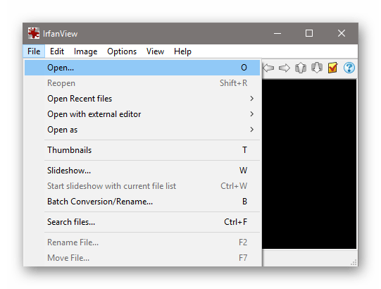 Нажатие на кнопку File, а затем на Open в программе Infran View