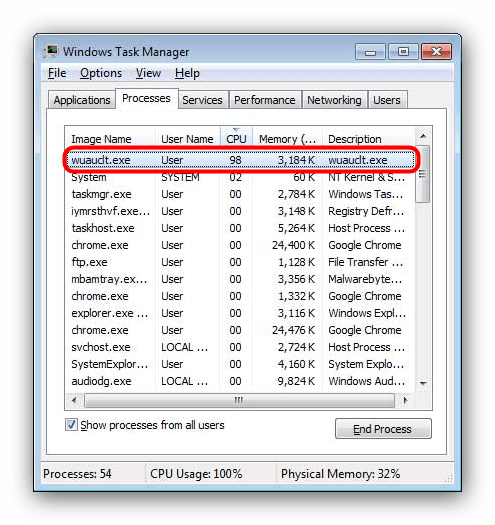 Процесс wuauclt.exe, открытый в Диспетчере задач