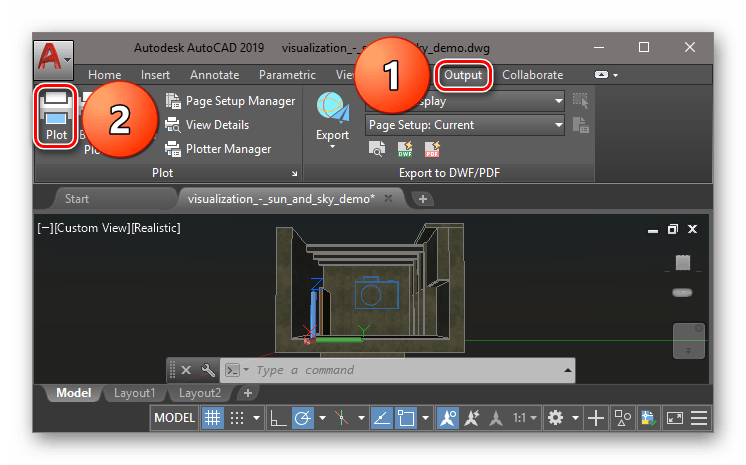 Переход в окно распечатывания файла в программе AutoCAD