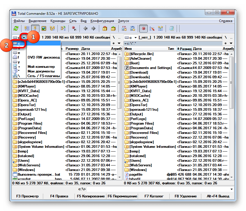 Переключение диска в Total Commander