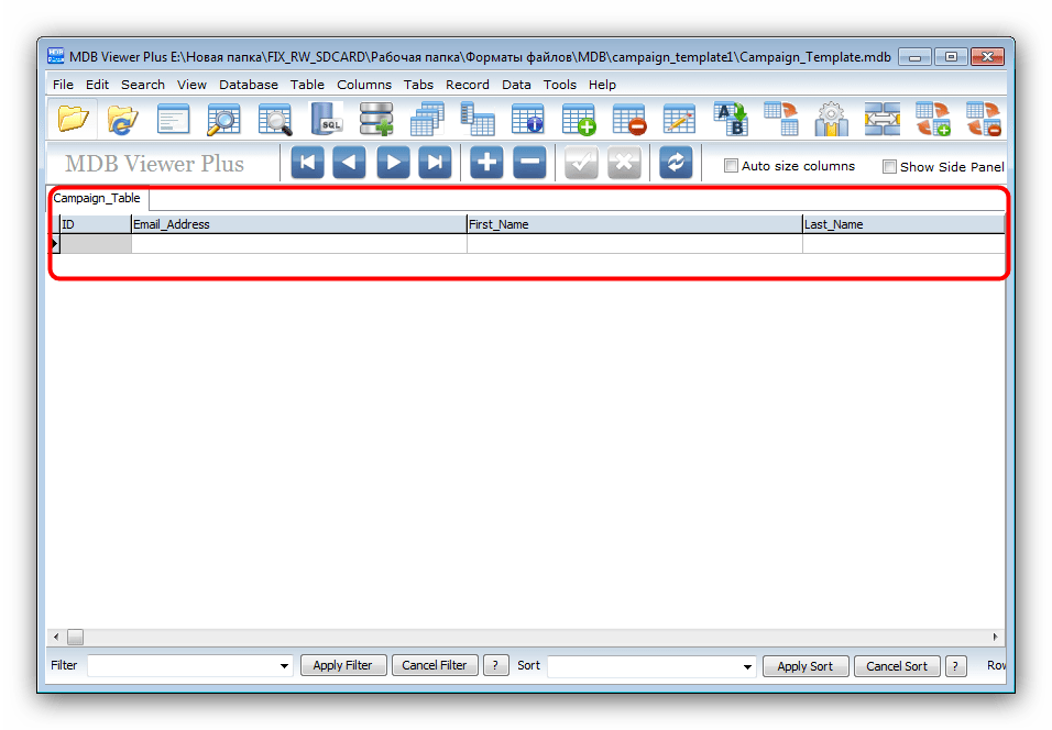 Открытый MDB-файл в MDB Viewer Plus