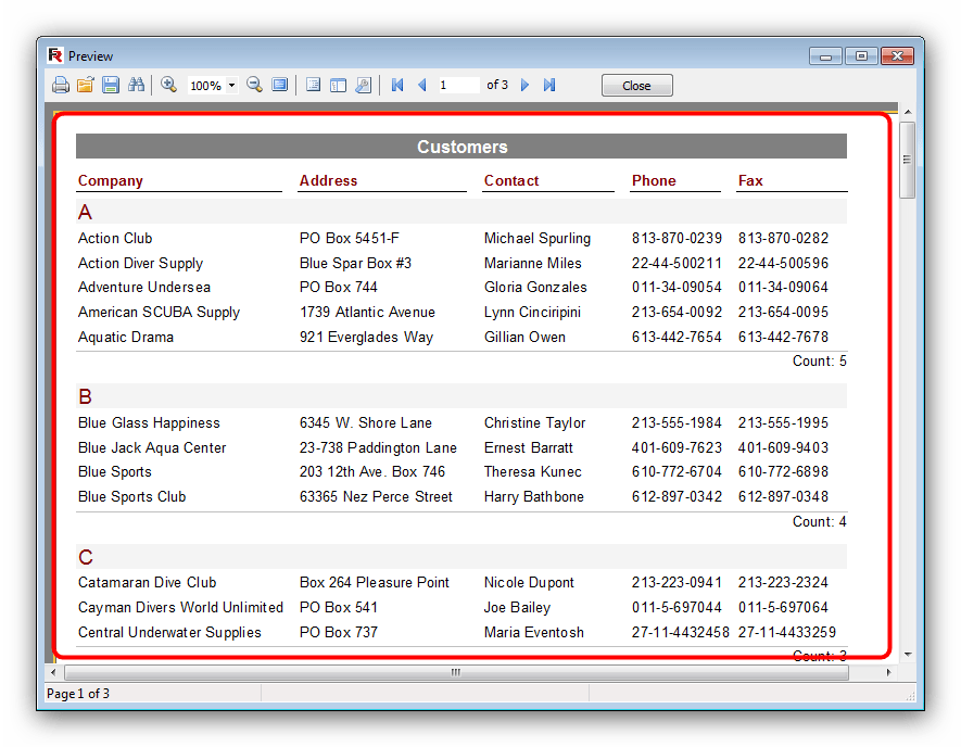 Открытый FP3-файл для просмотра в FastReport VCL Viewer