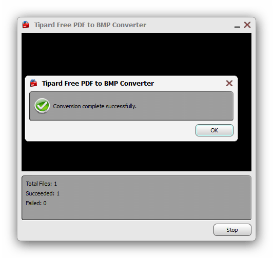Сообщение об удачном преобразовании ПДФ-файла в Tipard PDF to BMP Converter