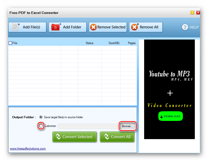Выбор кастомного пути сохранения файла в программе PDF to Excel Converter
