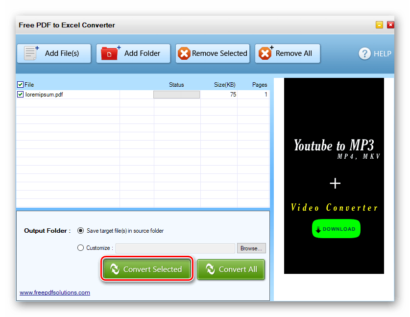 Нажатие на кнопку Convert Selected в программе Free PDF to XLS Converter