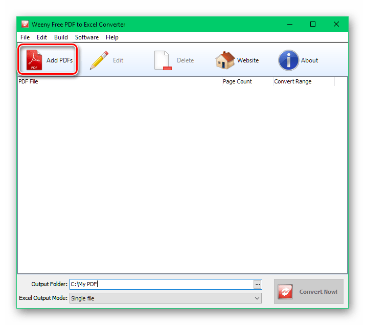 Нажатие на кнопку Add PDFs в программе Free PDF To Excel Converter